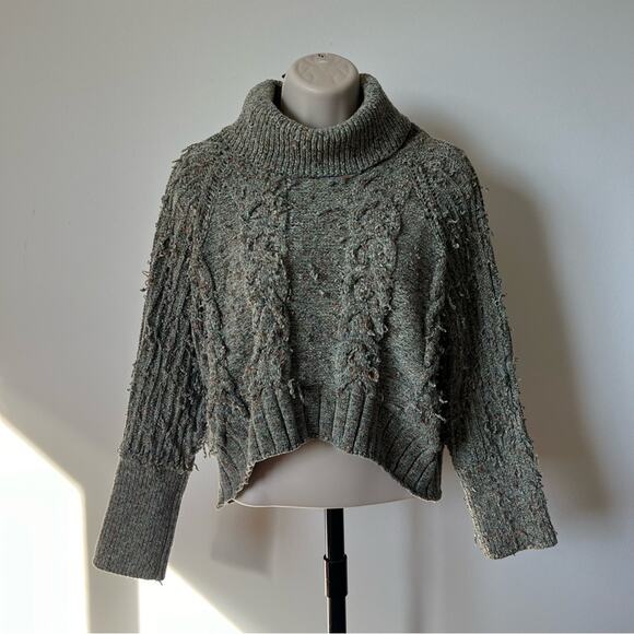 Cropped Turtleneck Sweater Green Size XS Marled Knit Chenille Chunky Cable Knit - Picture 2 of 7